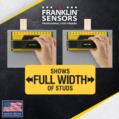 ProSensor T13 13 Sensor Stud Finder detecting full width of stud on wood and metal wall with built-in bubble level shown