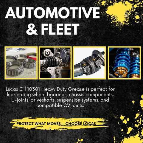 Image showcasing automotive and fleet components needing lubrication with Heavy Duty Lithium Complex Grease 14.5 oz cartridges.