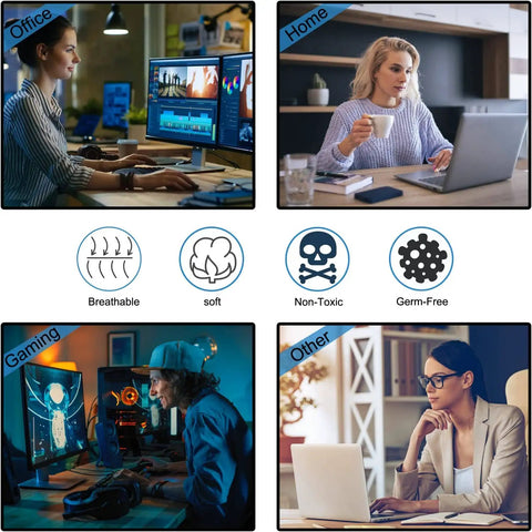 Different usage settings for an extra large gaming mouse pad with stitched edges, showing office, home, gaming, and other environments.