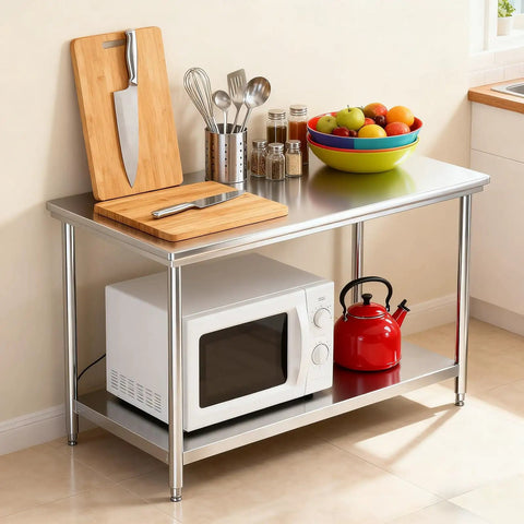 Beast Of A Heavy Duty Stainless Steel Kitchen Prep Table With Adjustable Undershelf, Built For Serious Commercial Use At Home In Restaurants, Bakeries, Workshops And Garages, 18 By 24 By 33.5 Inches with kitchen items displayed on top and microwave underneath.