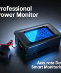 Power Monitor Meter For 110-250V AC 100A Digital Multimeter with split current transformer and blue digital display screen.