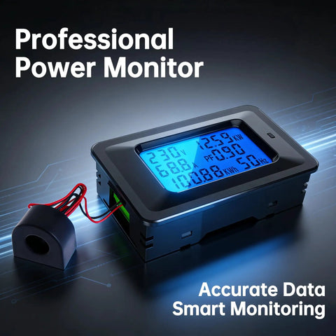 Power Monitor Meter For 110-250V AC 100A Digital Multimeter with split current transformer and blue digital display screen.