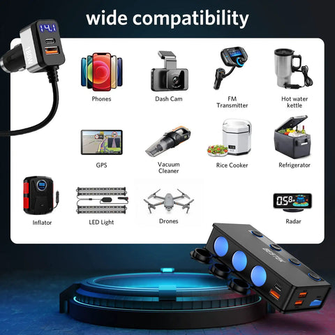 Three Socket Cigarette Lighter Splitter Delivering 180W Power With Pd 65W Qc 3 0 Fast Charge compatible with various devices.