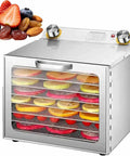 Heavy Duty Stainless Steel Food Dehydrator With Multi Layer Racks Digital Adjustable Timer And Temperature Control For Drying Fruits Veggies Jerky Herbs A Solid Kitchen Game Changer displaying sliced fruits on multi-layer racks.