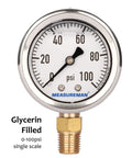 Front view of MeasureMan 2-inch glycerin-filled pressure gauge, 0-100 psi, chrome bezel, brass 1/4 NPT lower mount