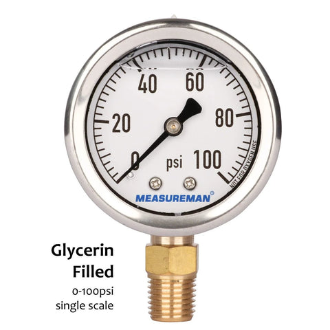 Front view of MeasureMan 2-inch glycerin-filled pressure gauge, 0-100 psi, chrome bezel, brass 1/4 NPT lower mount