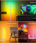 Smart RGB Corner Floor Lamp With App And Remote, 16 Million Colors, in living room and gaming setups, two lamp variations