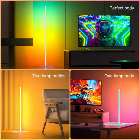 Smart RGB Corner Floor Lamp With App And Remote, 16 Million Colors, in living room and gaming setups, two lamp variations