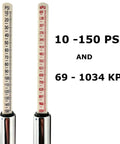 150 Psi Deluxe Semi Truck Tire Pressure Gauge With Long Dual Head Chuck For Easy Reach On Trucks RVs And Dually Trucks Built To Last And Includes Dual Scale 10 To 150 Psi And 69 To 1034 Kpa, dual scale closeup