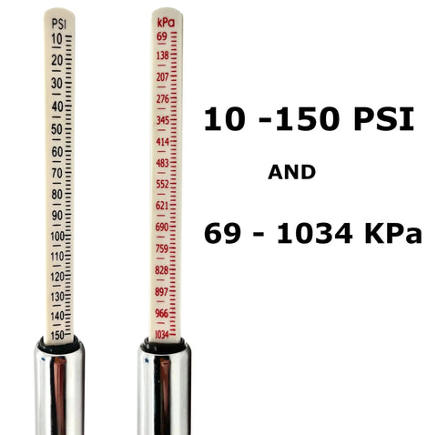 150 Psi Deluxe Semi Truck Tire Pressure Gauge With Long Dual Head Chuck For Easy Reach On Trucks RVs And Dually Trucks Built To Last And Includes Dual Scale 10 To 150 Psi And 69 To 1034 Kpa, dual scale closeup
