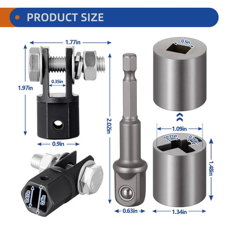 Dimensions of Three Piece Scissor Jack Adapter Set for Cars with Universal Jack Socket Converter and Socket Adapter Bit