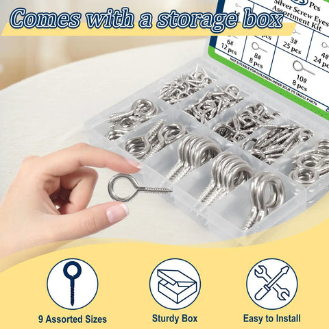 Hard As Nails Eye Hooks And Screw Eyes Assortment Kit With 195 Silver Finished Eyelet Screws in a sturdy storage box with assorted sizes.
