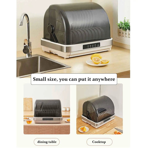 Savage Clean 42L Portable Desktop Tableware Sanitizer Cabinet With Four Speed UV Drying And Hot Air Cycle For Kitchen Countertop Keeps Dishes Crisp No Cap on kitchen countertop with stacked plates and lemons.