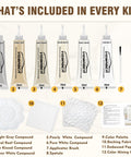 Leather And Vinyl Repair Kit For Furniture And Car Interiors Fix Scratches Tears Holes And Peeling On Couches Purses Jackets With Easy Step By Step Instructions, showing six cream tubes and repair tools