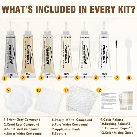 Leather And Vinyl Repair Kit For Furniture And Car Interiors Fix Scratches Tears Holes And Peeling On Couches Purses Jackets With Easy Step By Step Instructions, showing six cream tubes and repair tools