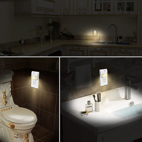 Glare Free Plug In LED Night Light With Dusk To Dawn Sensor shown in bathroom and kitchen, warm white glow, energy efficient, 6 pack.