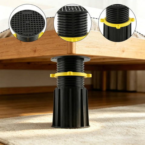 Heavy Duty Adjustable Bed Support Legs Four Pack, black plastic, adjustable height stabilizers under a bed frame.