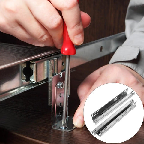 Heavy Duty Drawer Slide Rails Set Two Pieces With Silent Damping Buffer For Smooth Gliding Cabinet Drawers In Any Kitchen Or Office Cold Rolled Steel Two Section Slides With Thickened Sheet Construction For Durability And Easy Install installed with screwdriver on cabinet drawer