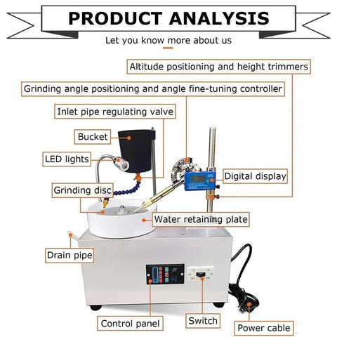 Professional Grade Lapidary Faceting Machine For Jade Crystal And Agate Stone Work Featuring Slick Adjustable RPM Copper Motor Straight Up Precise Diamond Wheel Polishing System control panel and digital display with water retaining plate and grinding disc