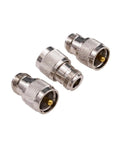 Three UHF Male PL259 To N Female RF Coaxial Adapter Connectors for antennas and radios, showing gold-plated copper cores.