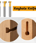 Top Shelf Kickass Keyhole Router Bit Set Includes 3 Piece T Slot T Track Bits With One Quarter Inch Shank displayed with cut wood samples.