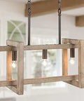 Three Light Wood Farmhouse Chandelier For Kitchen Island And Dining Room 21.5 Inch Rectangle Open Frame Rustic Pendant