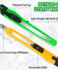 Front view: Two retractable box cutters with 9mm snap-off blades on green and yellow ABS handles.