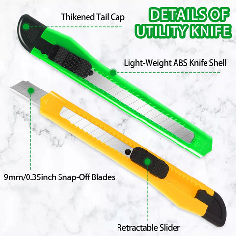 Front view: Two retractable box cutters with 9mm snap-off blades on green and yellow ABS handles.