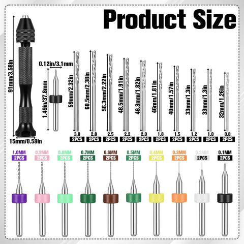 Killer 41 Piece Pin Vise Hand Drill Kit With 20 Micro Twist Bits And 20 Pcb Mini Bits For Tough Diy Crafts. Product size chart.