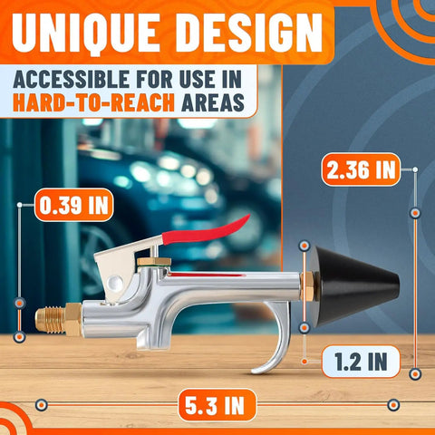 Badass Stainless Steel Air Nozzle Blow Gun For Compressor Systems High Pressure Dust Blaster With Five Point Three Inch Jet Tip Slick For Tight Spaces And Workshop Rig Cleanup Tasks showing dimensions with a red trigger and black tip.