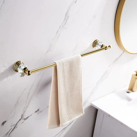 Gold Crystal Towel Bar With Adjustable Rack For That Boss Vibe Luxury Gold Finished Wall Mounted Towel Holder Space Saving Single Rail With Crystal End Balls And Bonus Hook For Bath Accessories mounted in bathroom