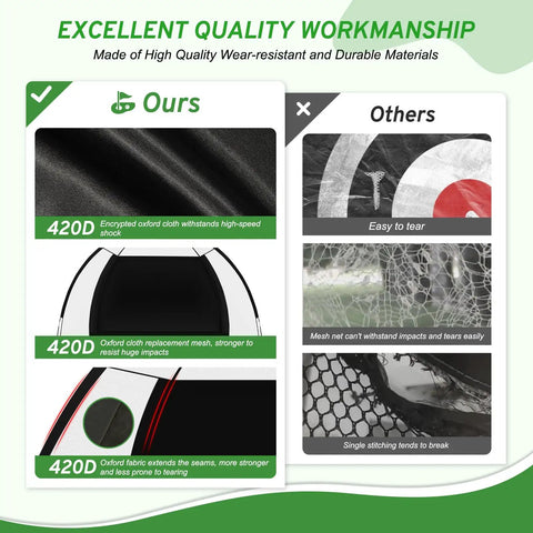 Comparison chart showing quality of Golf Practice Net With Hitting Mat For Backyard Driving And Chipping, 10x7 Ft Large Net