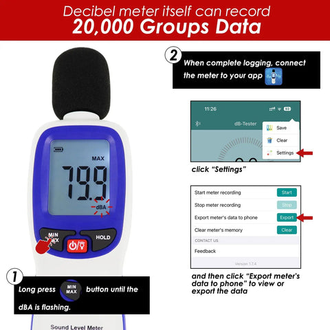Wireless Sound Level Meter With App Data Logging Bluetooth, Portable Decibel Meter 30 To 130 dBA, High Accuracy SPL Reader For Classroom Office Home, Super Easy Smartphone Sync, Stores Up To 20,000 Readings, shown with app export steps