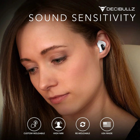 Person wearing 25 Decibel Noise Reduction Earplugs Custom Molded Reusable Hearing Protection For Noise Sensitivity And Flights White