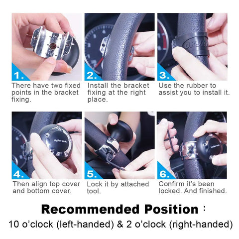 Step-by-step installation of Power Handle Steering Wheel Spinner Knob for Easy Driving and Comfy Grip, one-hand car accessory guide.