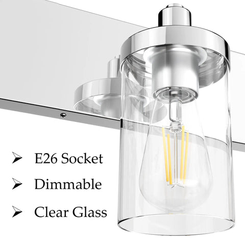 Close-up of Two Light Chrome Vanity Light Fixture With Clear Glass Shades and stainless steel wall sconce.