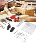 Adjustable Aluminum Router Lift System with Stainless Steel Support Rods parts, showing aluminum base and accessories for woodworking.