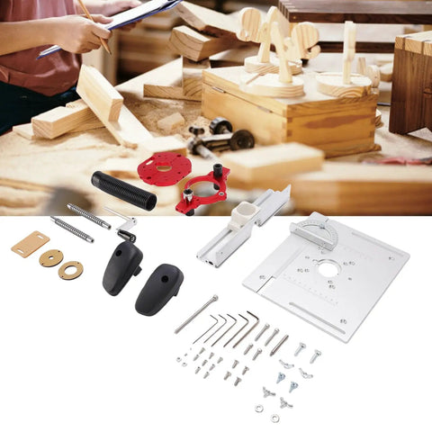 Adjustable Aluminum Router Lift System with Stainless Steel Support Rods parts, showing aluminum base and accessories for woodworking.