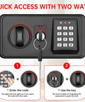 Front view of Compact 1.3 Cu Ft Fire Safe with digital keypad and key, showing quick access options for home use.