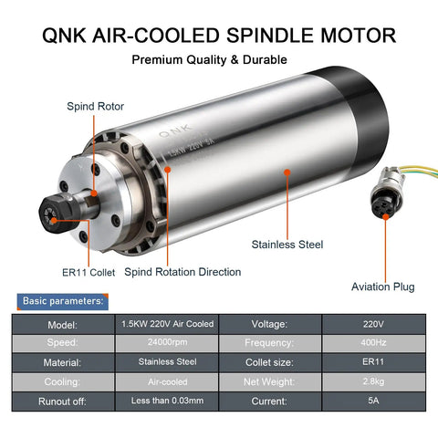 Image of CNC Spindle Motor Kit One Point Five Kilowatt 220V Air Cooled Spindle With VFD Inverter 400Hz 24000RPM ER11 Collet Set for milling.