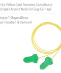 Low Pressure Corded Disposable Foam Earplugs For Smaller Ears With Gentle Expansion, Smooth Skin, Hygienic Work Ear Protection, 100 Pairs, Green, with yellow cord for easy carry.