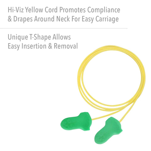 Low Pressure Corded Disposable Foam Earplugs For Smaller Ears With Gentle Expansion, Smooth Skin, Hygienic Work Ear Protection, 100 Pairs, Green, with yellow cord for easy carry.