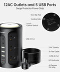 Power Strip Tower All In One Charging Station With 12 AC Outlets And 5 USB Ports Plus Night Light 10 Foot Cord, side view