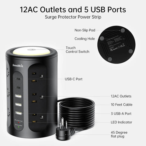 Power Strip Tower All In One Charging Station With 12 AC Outlets And 5 USB Ports Plus Night Light 10 Foot Cord, side view