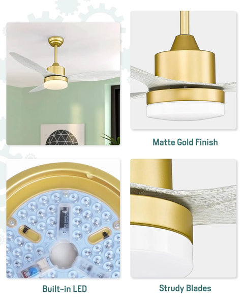 Gold Finish Ceiling Fan With Lights And Remote Control 48 Inch Indoor Outdoor Ceiling Fan With White Wood Blades and LED