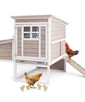 Two Story Outdoor Chicken Coop With Nesting Box And Pull Out Tray, 39.13 Inch Long Fir Wood Hen House For 1 To 3 Chickens, Slanted Roof, Safe Backyard Park Garden Use, Grey, with chickens nearby.