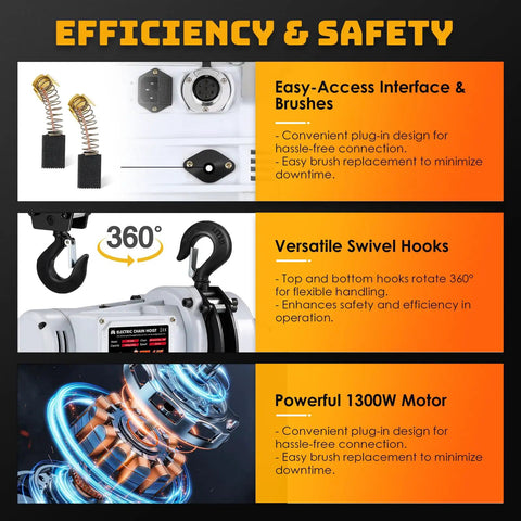 Efficiency and safety features of Heavy Duty Electric Chain Hoist 1 Ton, 2200 Lb Capacity, 1300W Motor, 15 Ft Lift