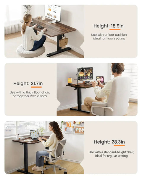 Top Notch ErGear Low Height Adjustable Electric Standing Desk 48 X 24 Inches For Kids shown at heights 18.9, 21.7, and 28.3 inches.