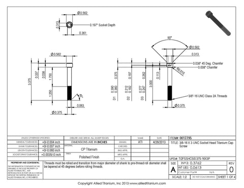 Pack Of Three 3/8 16 By 3 Inch Unc Socket Head Cap Screws Forged From Pure Grade 2 Titanium detailed engineering drawing
