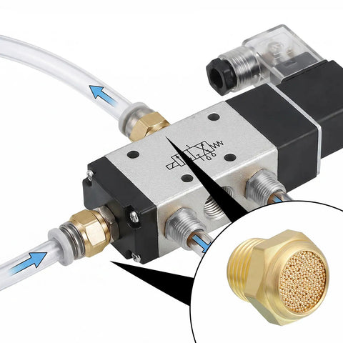 Pneumatic Sintered Brass Breather Filter And Exhaust Muffler Kit 1/8 NPT Bronze Vent with close-up of filter on valve
